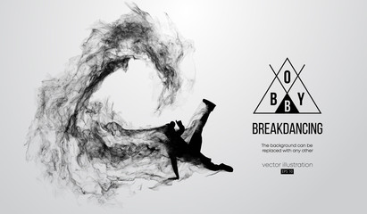 Abstract silhouette of a breakdancer, man, bboy, breaker, breaking on the white background from particles, dust, smoke. Hip-hop dancer. Background can be changed to any other. Vector illustration