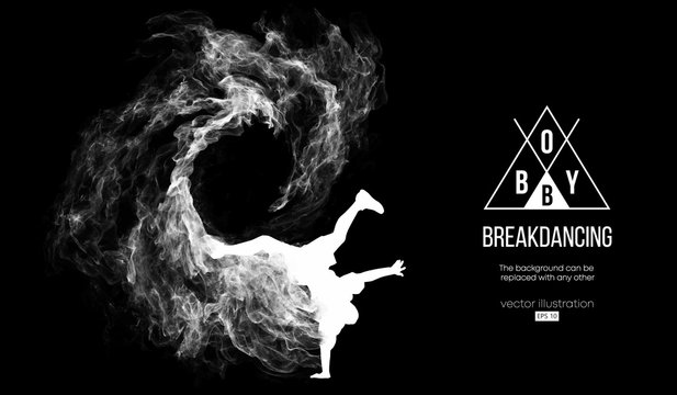 Abstract silhouette of a breakdancer, man, bboy, breaker, breaking on the dark black background from particles, dust, smoke. Hip-hop dancer. Background can be changed to any other. Vector illustration