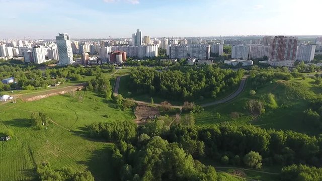 Drone shoot of the river and park next to the stadium Luzhniki in Moscow aerial view