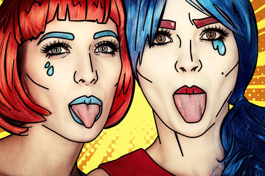 Females in red and blue wigs. Girls show each other tongues