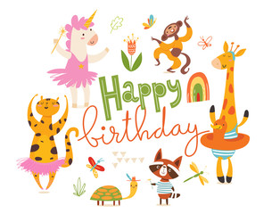 Happy birthday card. Big set of cartoon wild animals. 
