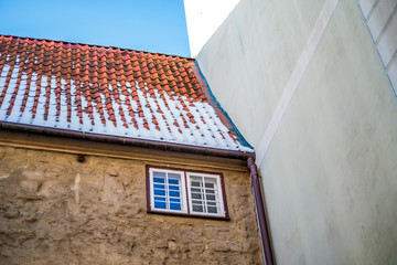 Old buildings in Riga old town in early spring with blue sky 
