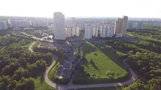 Drone shoot of the river and park next to the stadium Luzhniki in Moscow aerial view