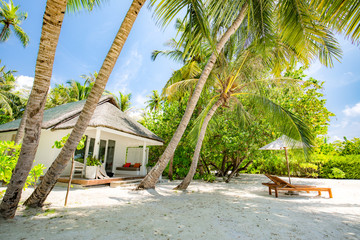 Luxury beach villa in Maldives island resort, two lounge chairs and palm trees over. Exotic travel and vacation destination