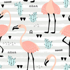 Pink flamingos seamless pattern
