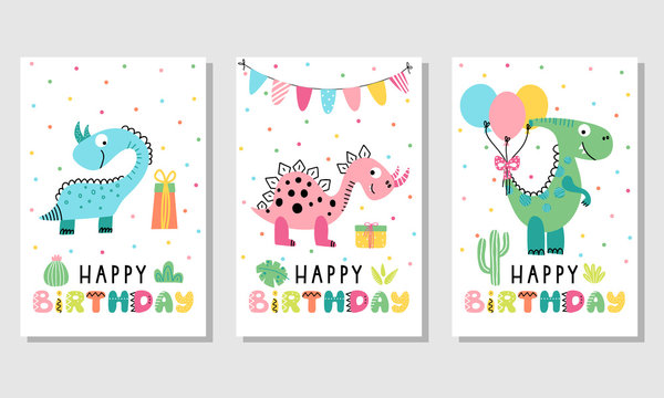 Birthday card set with cute dinosaurs