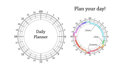 Time management. Daily planner clock. 24 hours. Organizer.