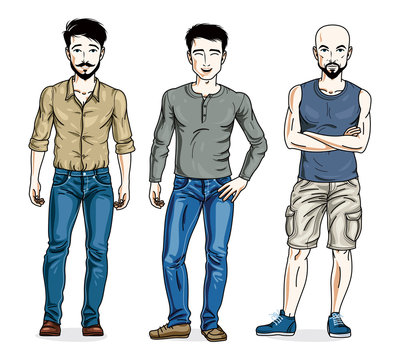 Happy men posing in stylish casual clothes. Vector people illustrations set.