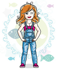 Little redhead girl cute child toddler in casual clothes standing on marine backdrop with ocean and fishes. Vector pretty nice human illustration.