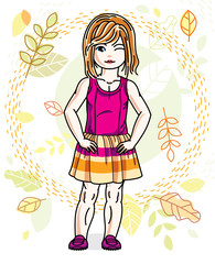 Little red-haired girl toddler standing on background of autumn landscape and wearing fashionable casual clothes. Vector attractive kid illustration. Fashion and lifestyle theme cartoon.