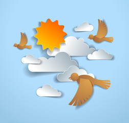 Birds flying in the sky among beautiful clouds and sun, summer cloudscape, vector illustration in paper cut kids style.