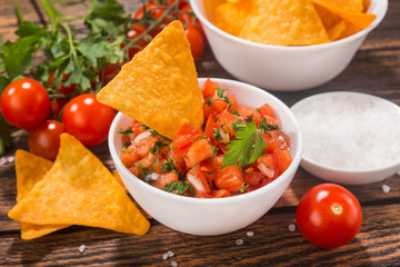 Mexican tomato salsa with tortilla chips