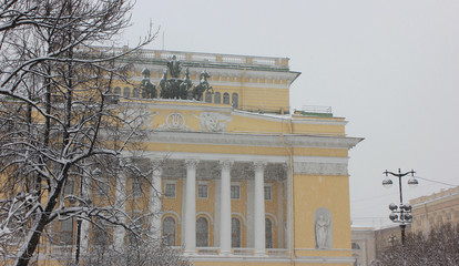 Alexandrinsky theatre on Ostrovsky square in St. Petersburg, Russia. Pushkin drama theater facade...