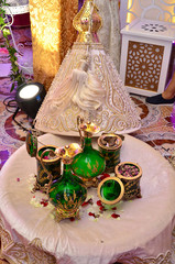 Moroccan Gift Tiffer for Wedding. A gift from the bridegroom to the bride. Consisting of imitation clothing. Jewelry & Perfumes