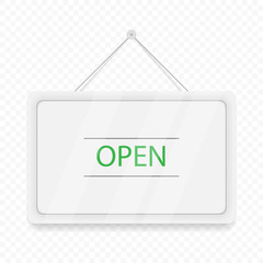 Green Open hanging door sign. White signboard with shadow isolated on transparent background. Realistic vector illustration. Business concept sites and services.