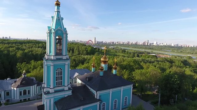View Moscow, Krylatsky Hills, cycle track, Krylatskaya cycle road led from the drone Olympic cycle track rowing canal