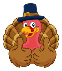 Pilgrim Turkey Thanksgiving bird animal cartoon character wearing a pilgrims hat giving a thumbs up