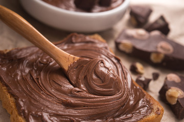 Sweet chocolate spread on bread