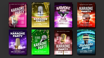 Karaoke Poster Set Vector. Music Night. Sing Song. Dance Event. Vintage Studio. Old Bar. Speaker Label.Entertainment Competition. Musical Record. Broadcast Object. Realistic Illustration - obrazy, fototapety, plakaty