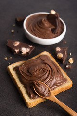 Chocolate spread on slice of bread with spoon, melted cream white bowl