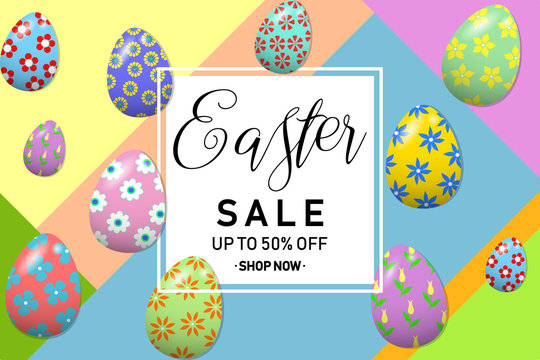 Easter sale lettering with colorful Easter eggs on modern geometric background. Template for Easter sale design. Vector illustration.