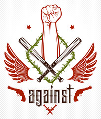 Revolution and Riot aggressive emblem or logo with strong clenched fist, weapons and different design elements , vector tattoo, anarchy and chaos, rebel partisan and revolutionary.