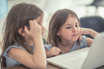 Cute twins little sisters usin modern laptop.