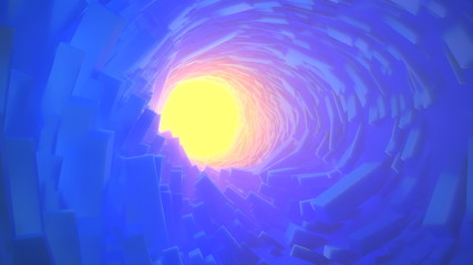 Abstract technology round tunnel filled by long boxes and yellow warm and volumetric light in the background. 3D rendering illustration with place for your text