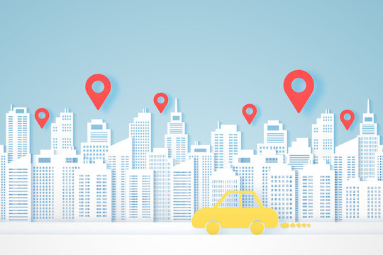 Cityscapes , paper building , yellow car go to destination , location markers