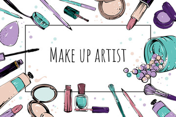 Make up artist banner with frame, vector