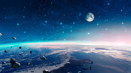 Space scene. Colorful nebula with earth planet, moon and asteroids. Elements furnished by NASA. 3D rendering © Space Creator