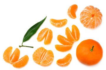 mandarin with slices and green leaf isolated on white background top view