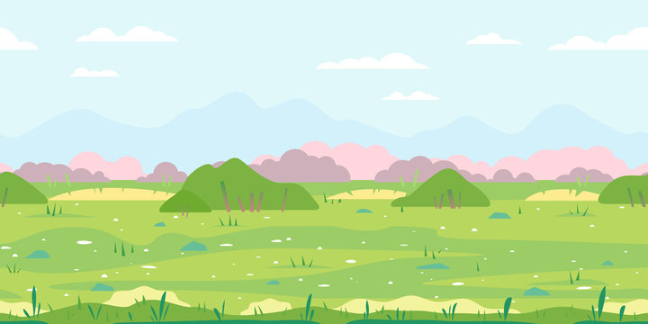 Green grass field with bushes, ground with stones near the bushes, nature game background in simple colors and flat style, tileable horizontally