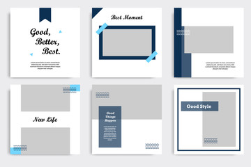 Editable square Memphis geometric banner template. Minimalist design background in dark blue indigo color. Vector illustration. Suitable for social media post and cover, web internet brochure.