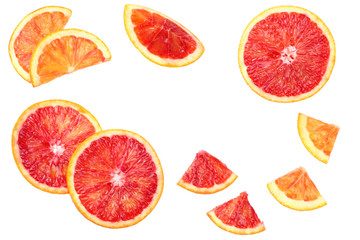 Red blood orange fruit with slices isolated on white background. top view