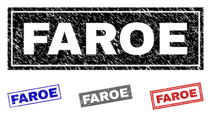 Grunge FAROE rectangle stamp seals isolated on a white background. Rectangular seals with grunge texture in red, blue, black and gray colors.