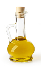 Olive oil in glass bottle isolated on white backgound with clipping path