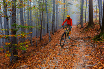 Cycling man riding on bike at sunset mountains forest landscape. Cycling MTB enduro flow trail track. Outdoor sport activity.