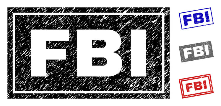 Grunge FBI rectangle stamp seals isolated on a white background. Rectangular seals with grunge texture in red, blue, black and gray colors. Vector rubber imprint of FBI tag inside rectangle borders.