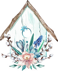 Easter bird house with spring flowers and pussy willow branches. Watercolor illustration isolated on white background.