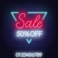 Sale neon sign in a triangular frame. Offer a discount. Template. Vector illustration