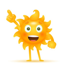 Curious cartoon sun pointing aside. Environment, weather, character. Can be used for topics like information, presentation, education