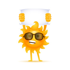 Excited cartoon sun holding banner. Agitation, showing, presentation. Can be used for topics like environment, weather, advertising