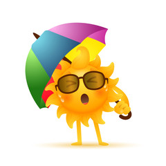 Sleepy sun under umbrella. Tired, sweat, sunglasses. Can be used for topics like morning, hot weather, vacation 