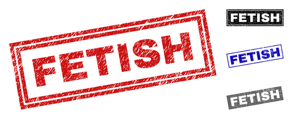 Grunge FETISH rectangle stamp seals isolated on a white background. Rectangular seals with grunge texture in red, blue, black and gray colors.