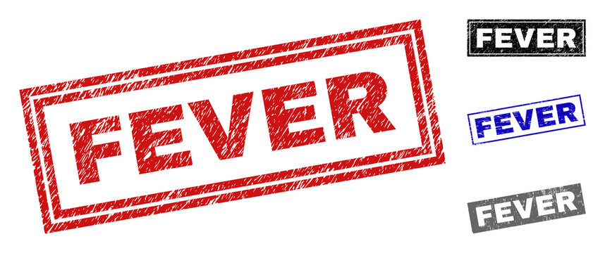 Grunge FEVER rectangle stamp seals isolated on a white background. Rectangular seals with grunge texture in red, blue, black and gray colors.