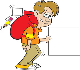 Cartoon illustration of a depressed boy with a large backpack and holding a sign.