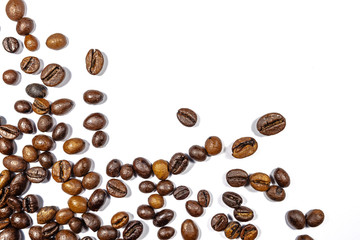 Close up of Coffee beans on white background with copy space