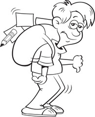 Black and white illustration of a depressed boy with a large backpack and holding a sign.
