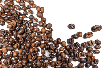 Close up of Coffee beans on white background with copy space